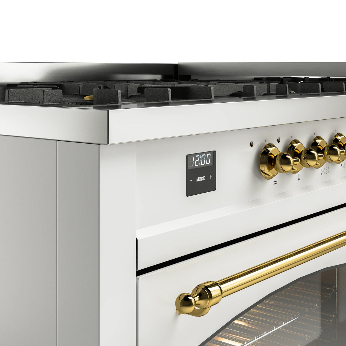 White control panel with brass knobs and digital display on gas range