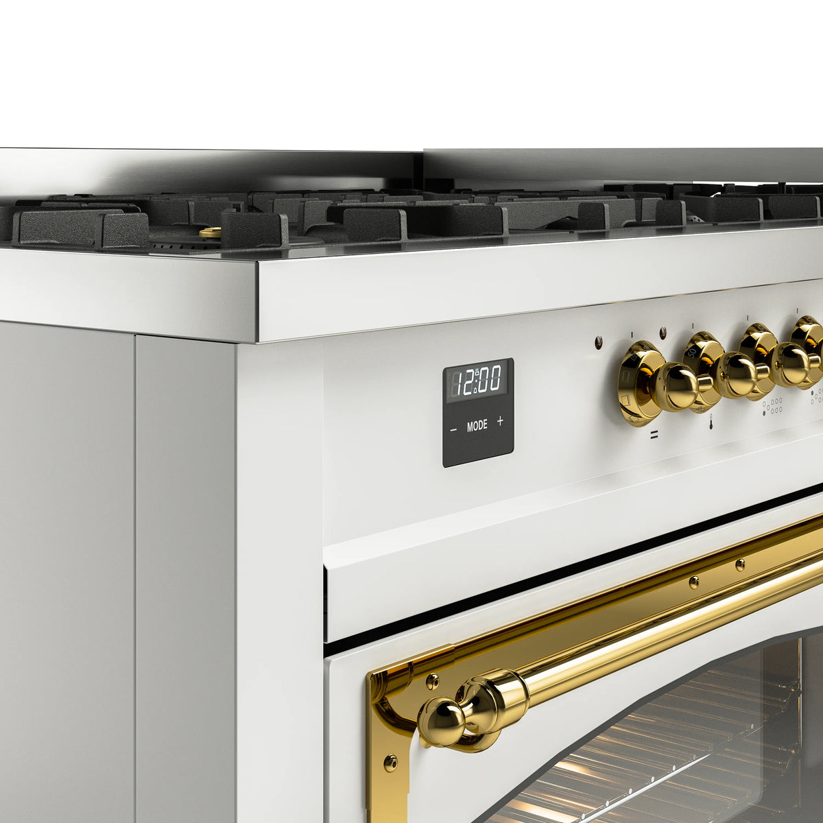 White range control panel with digital display and brass knobs by oven door