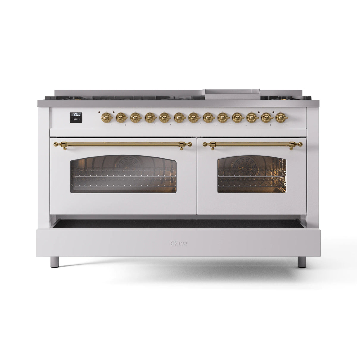 White dual fuel range with brass trim, two oven doors, and multiple burner control knobs.