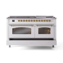 ILVE 60-Inch Nostalgie II Propane Gas Dual Fuel Range with 9 Burners, Griddle and Triple Glass Door Oven in White with Brass Trim (UP60FNMPWHGLP)