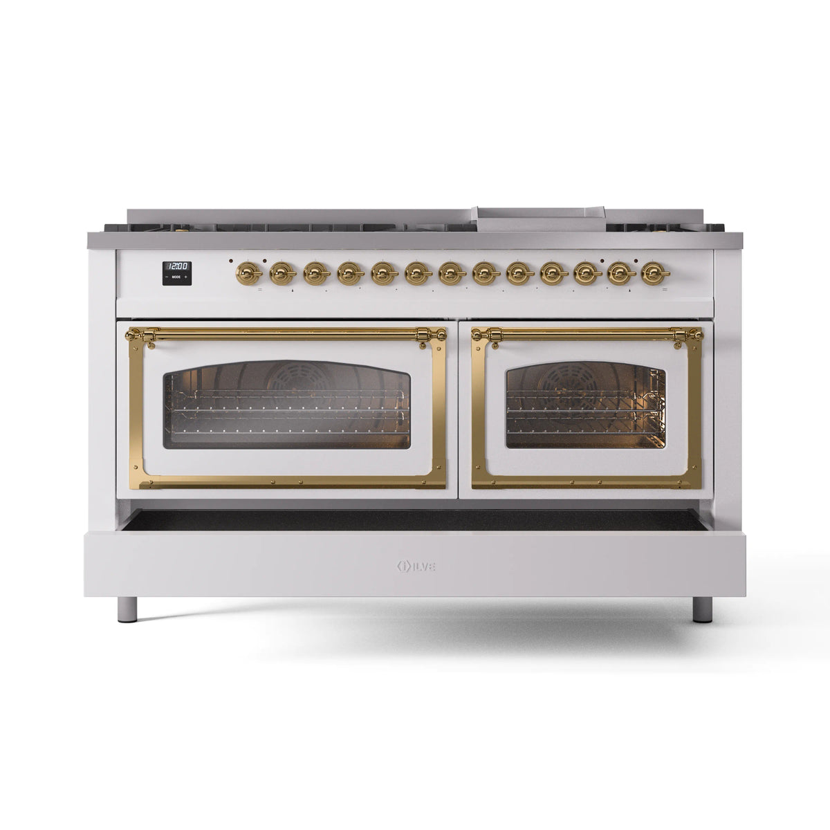 White dual fuel range with brass-trimmed oven windows and a row of brass burner knobs