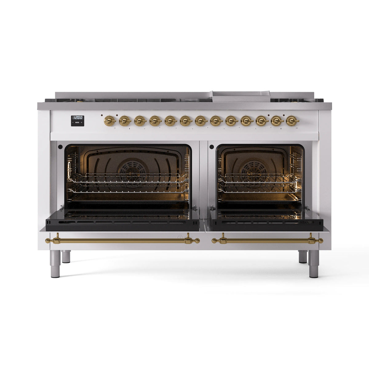 White dual fuel range with brass handles and two open oven doors showing racks.