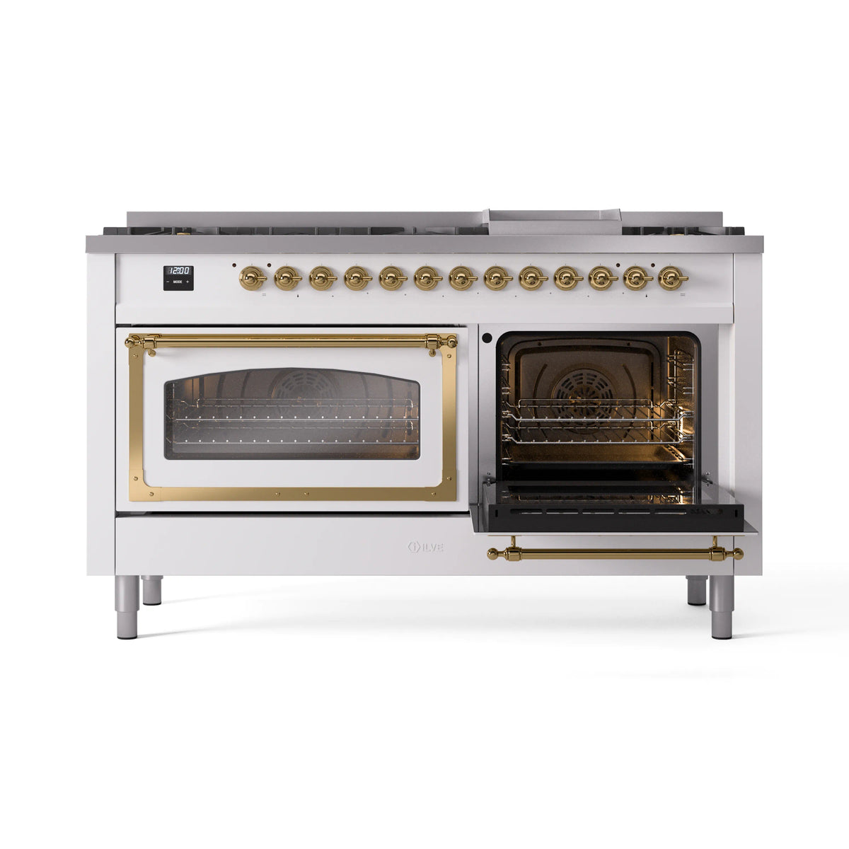 White dual fuel range with brass trim, left oven door open and right oven closed
