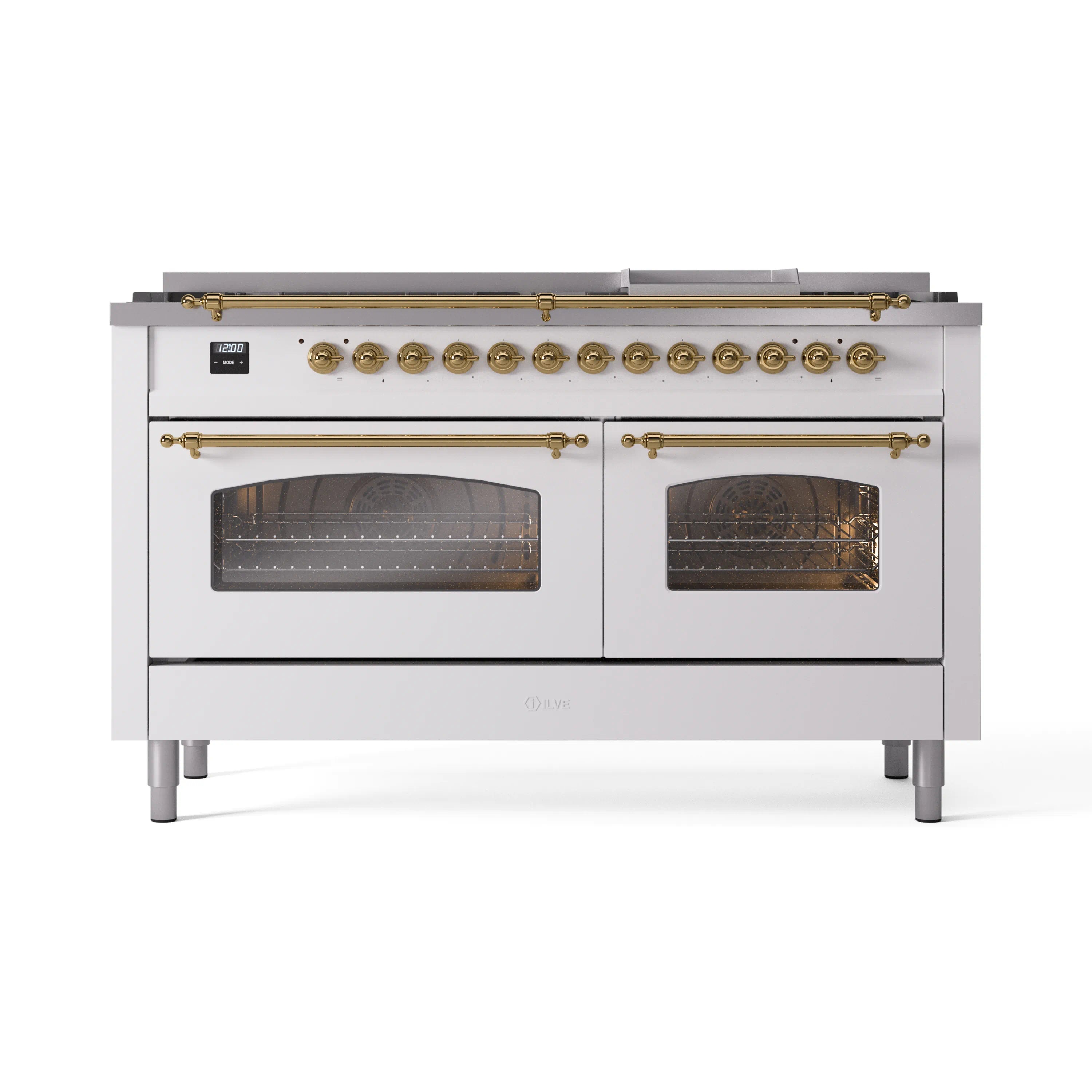 White range front with brass control knobs and two glass oven doors