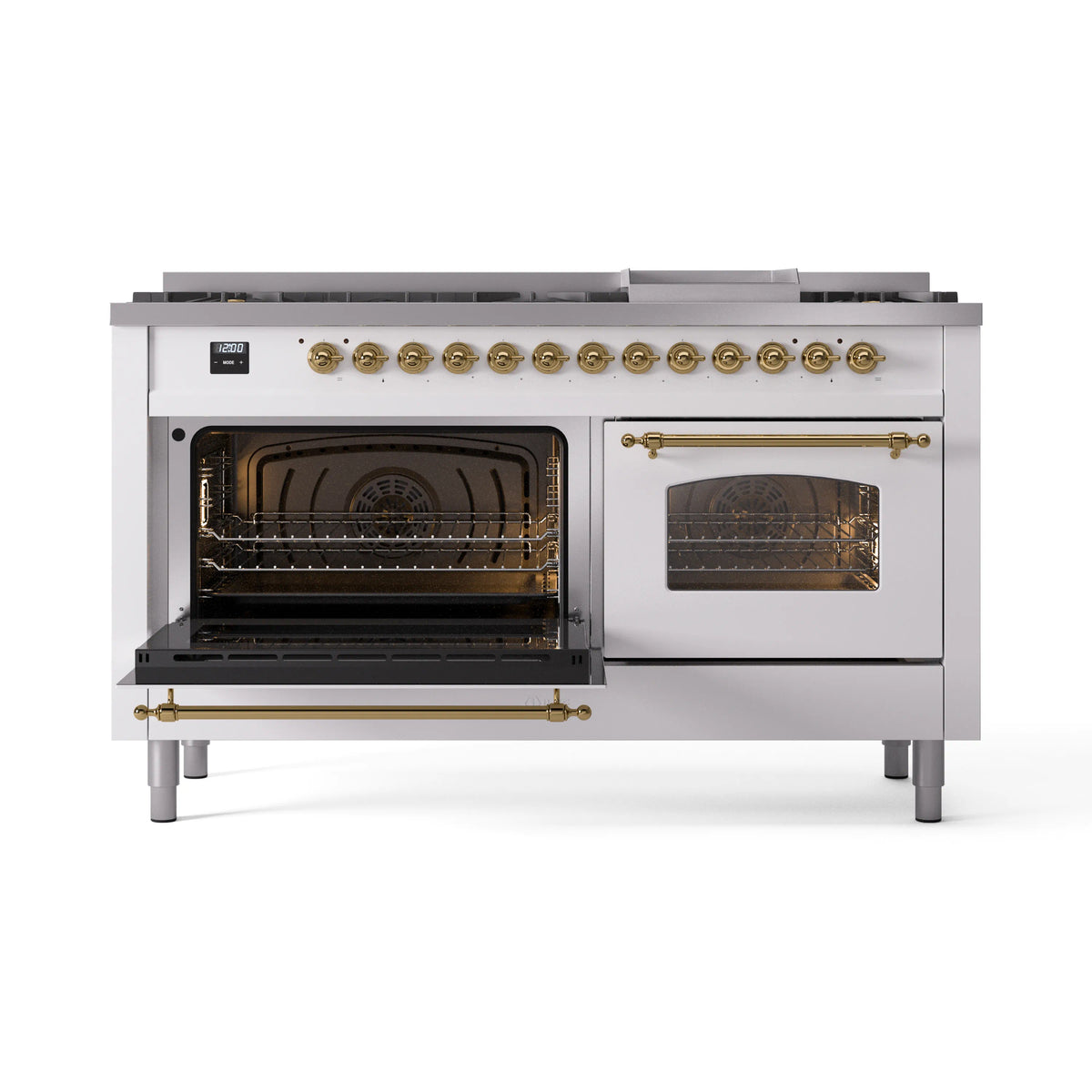 White range with open left oven and right oven with brass-trimmed handles