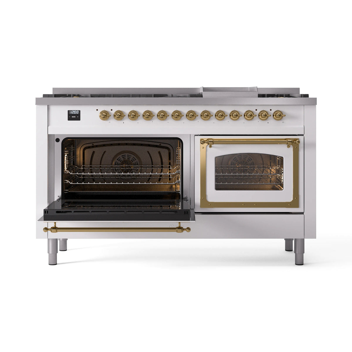 White dual-fuel range with both oven doors open, showing black heating elements