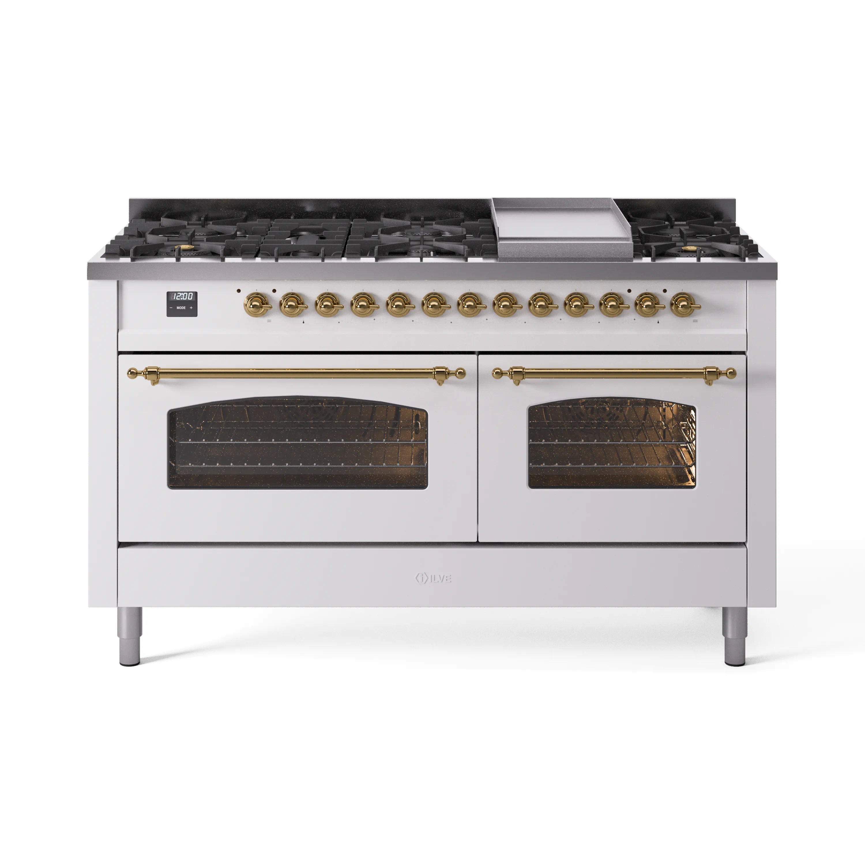 White dual fuel range with brass knobs, griddle, and two glass oven doors