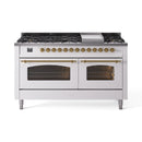 ILVE 60-Inch Nostalgie II Propane Gas Dual Fuel Range with 9 Burners, Griddle and Triple Glass Door Oven in White with Brass Trim (UP60FNMPWHGLP)