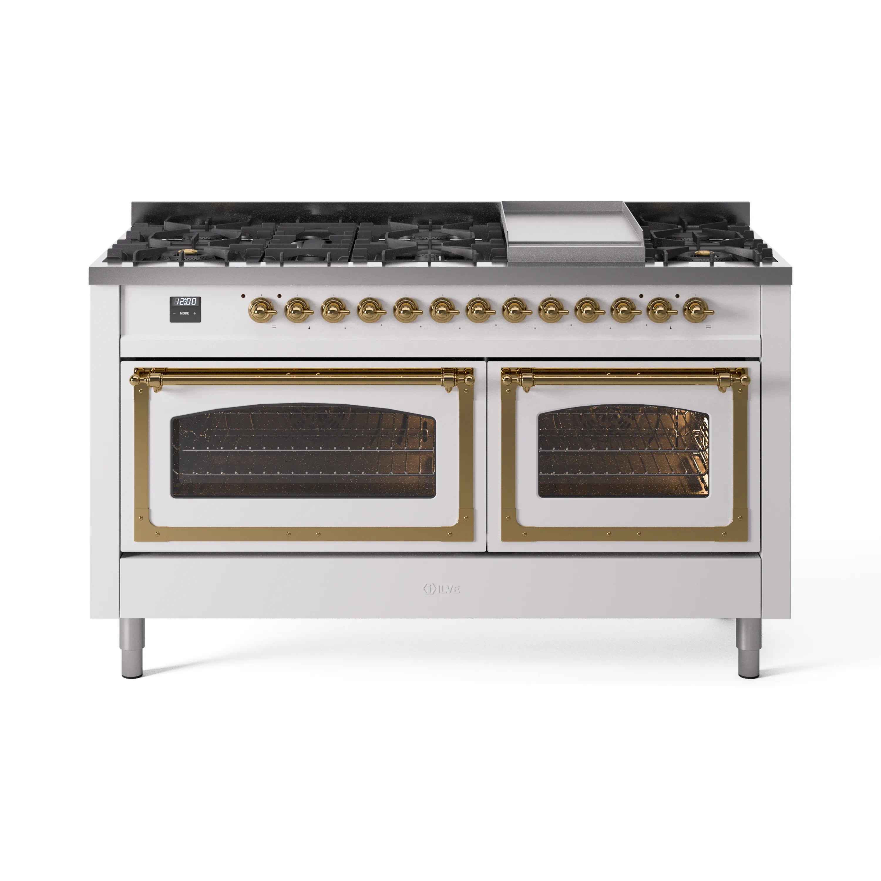 White dual fuel range with brass trim, two oven doors, and gas cooktop burners