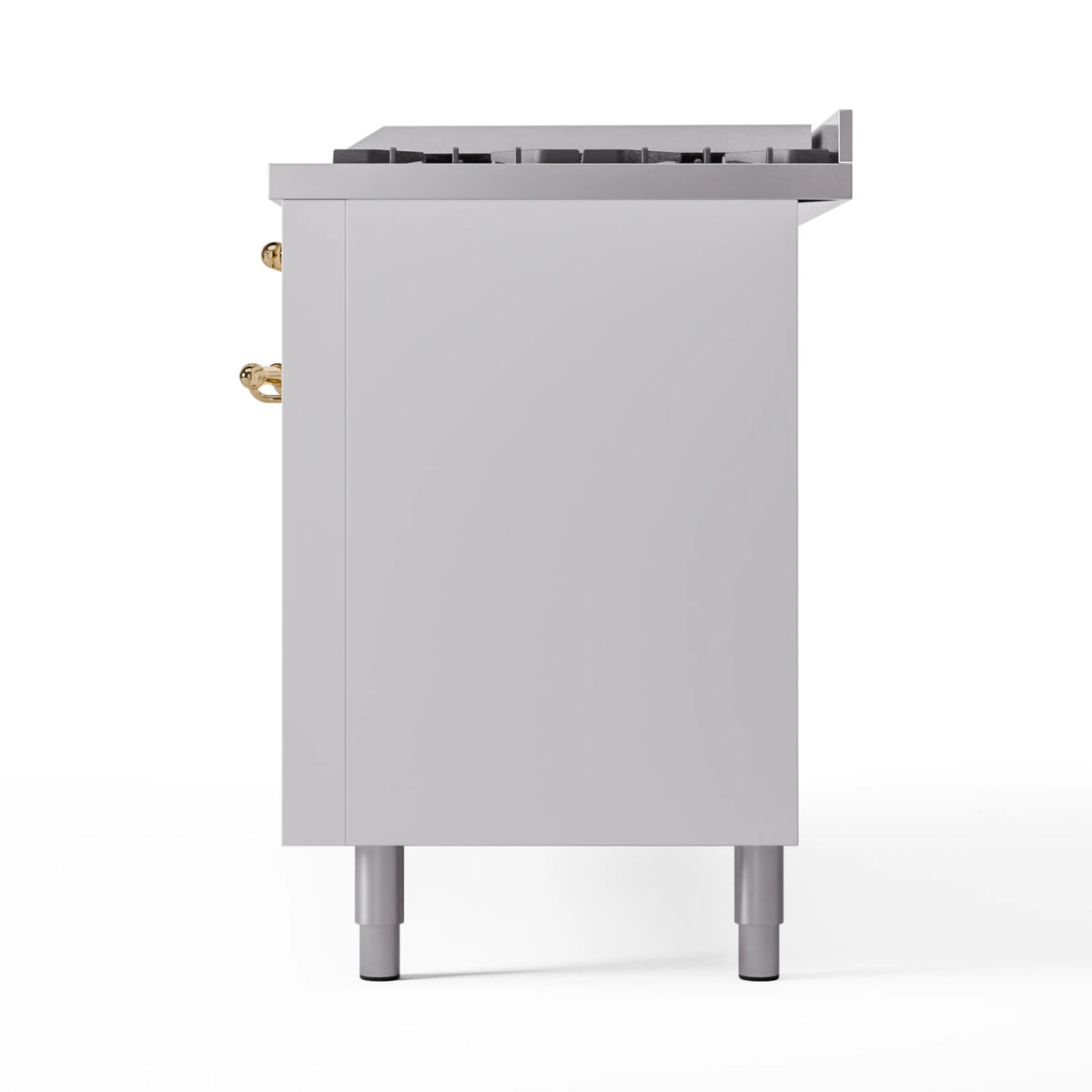 White dual fuel range side panel with brass handle and leveling legs at the base.