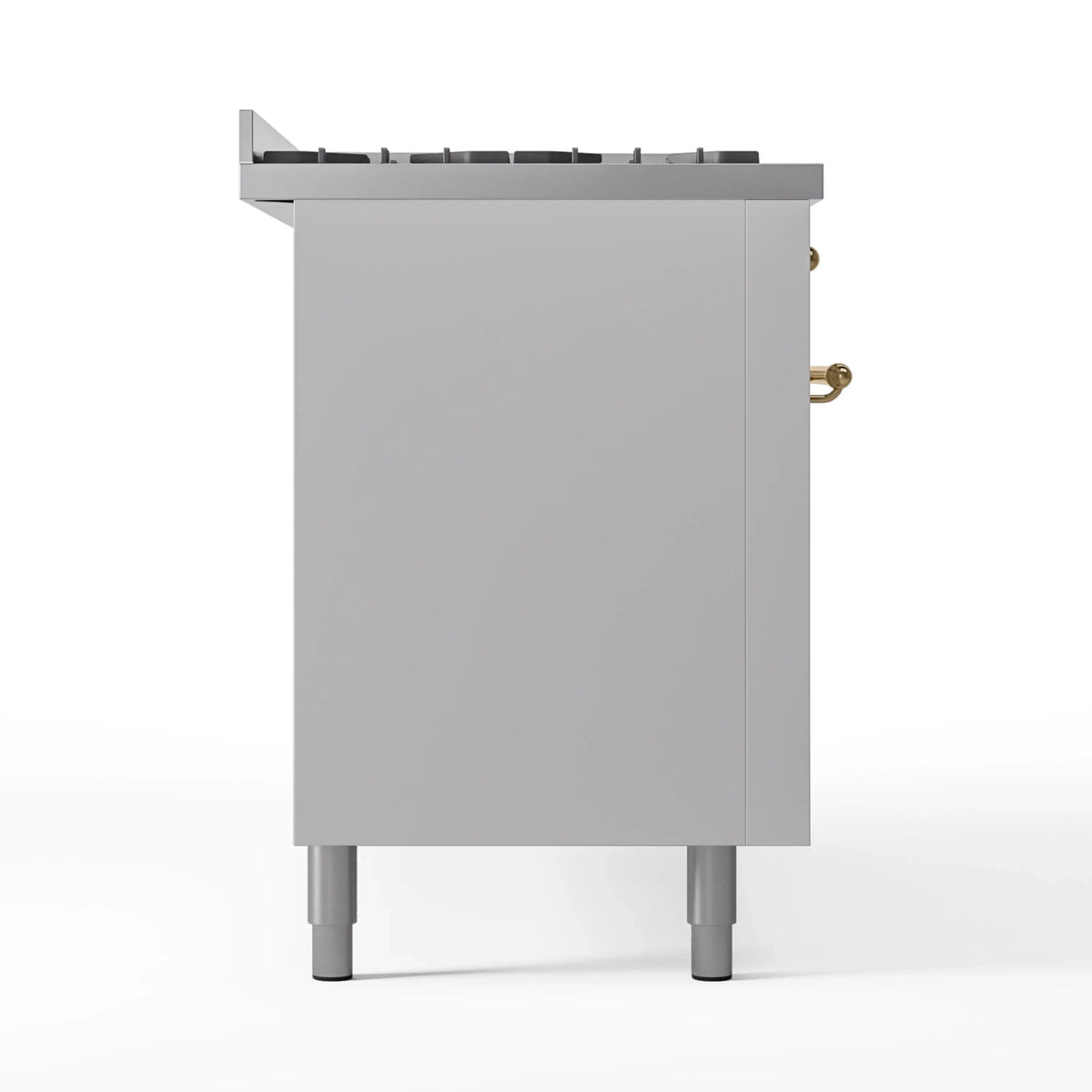 White gas range with brass trim, side view and control panel edge