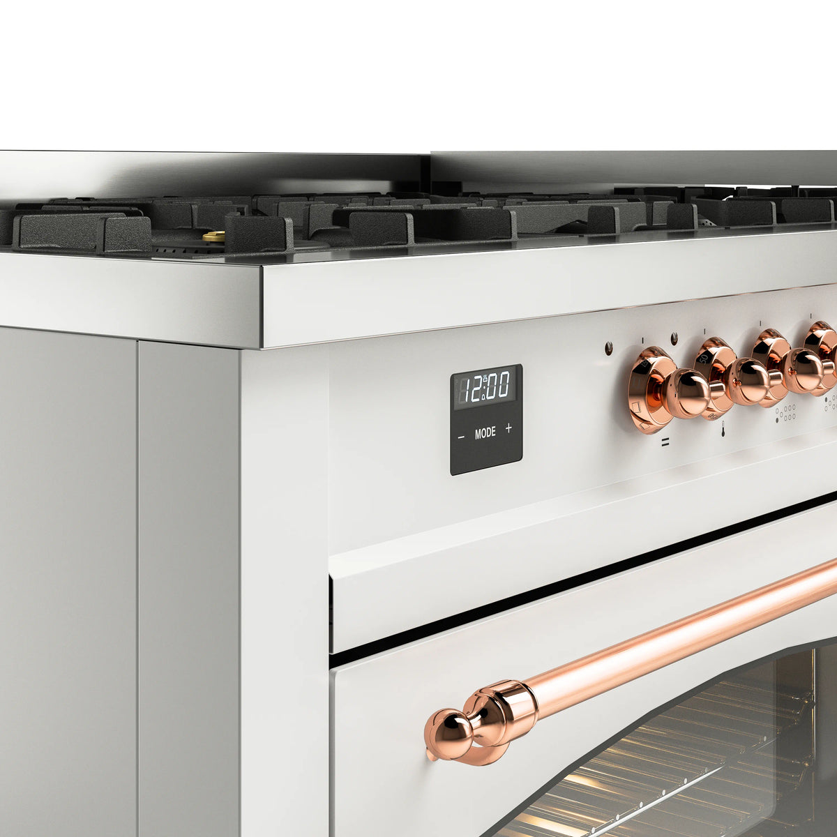 White range control panel with digital display and copper control knobs near oven door