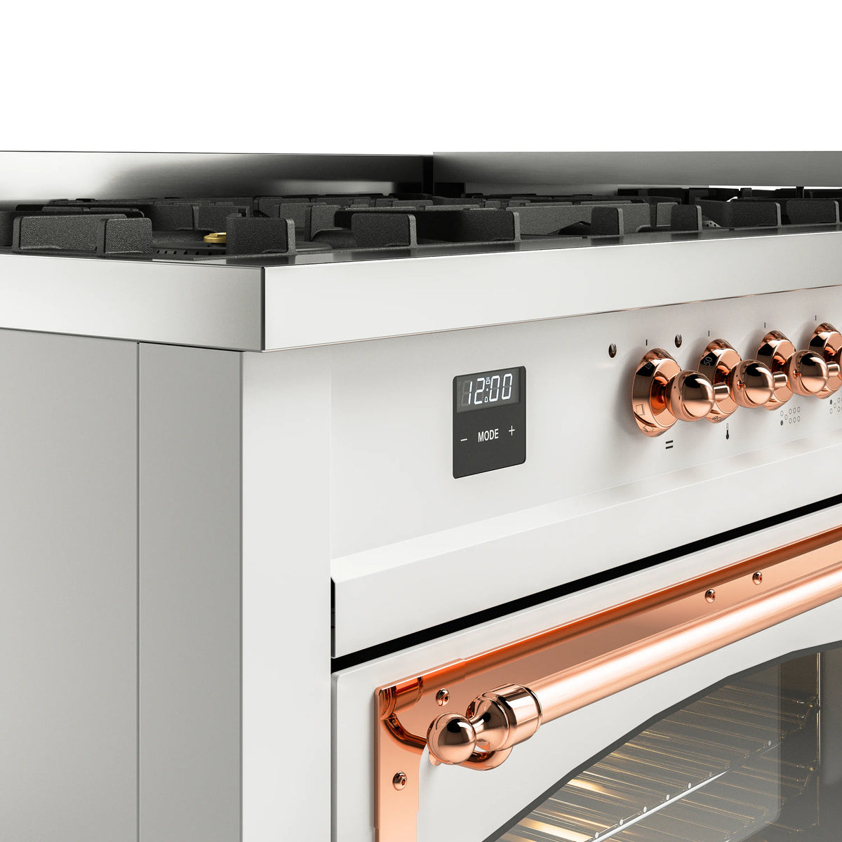 Close-up of white range control panel with copper knobs and digital display; cooktop behind.