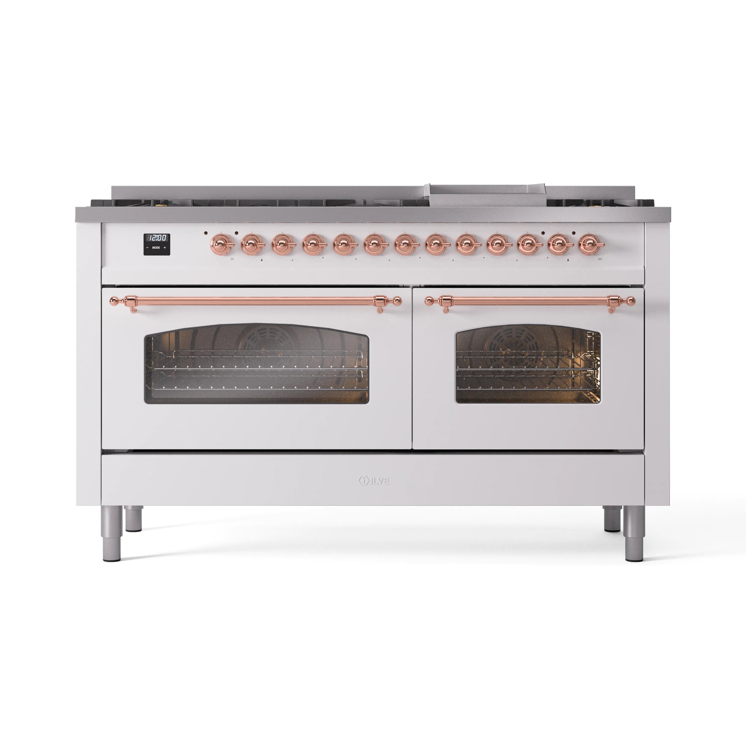 White dual fuel range with copper burner knobs and two closed oven doors with glass windows