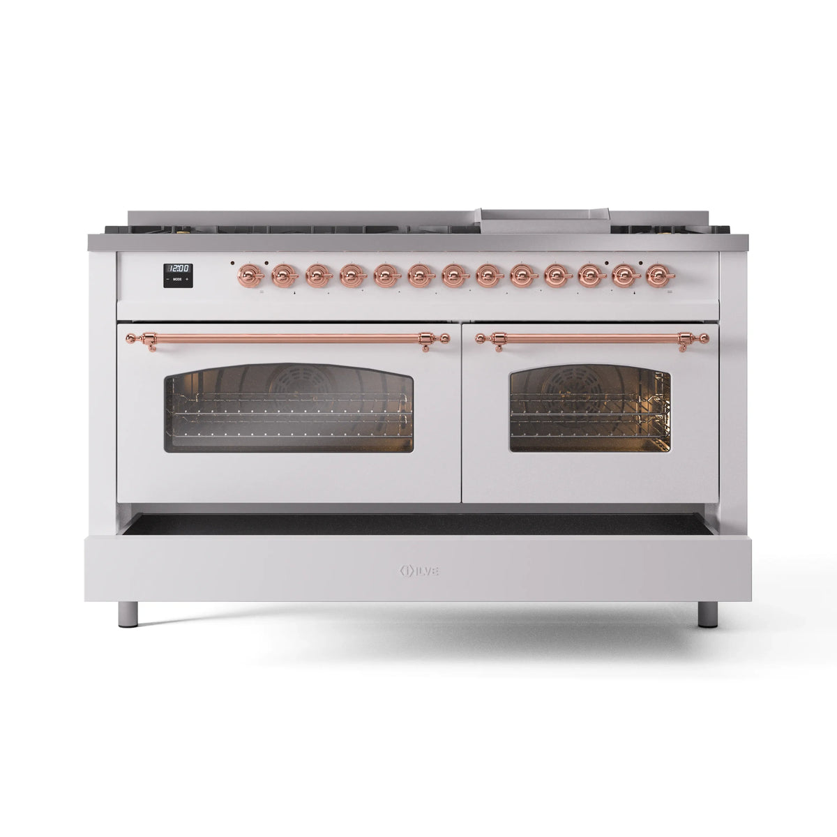 White dual fuel range showing copper control knobs and two glass oven doors