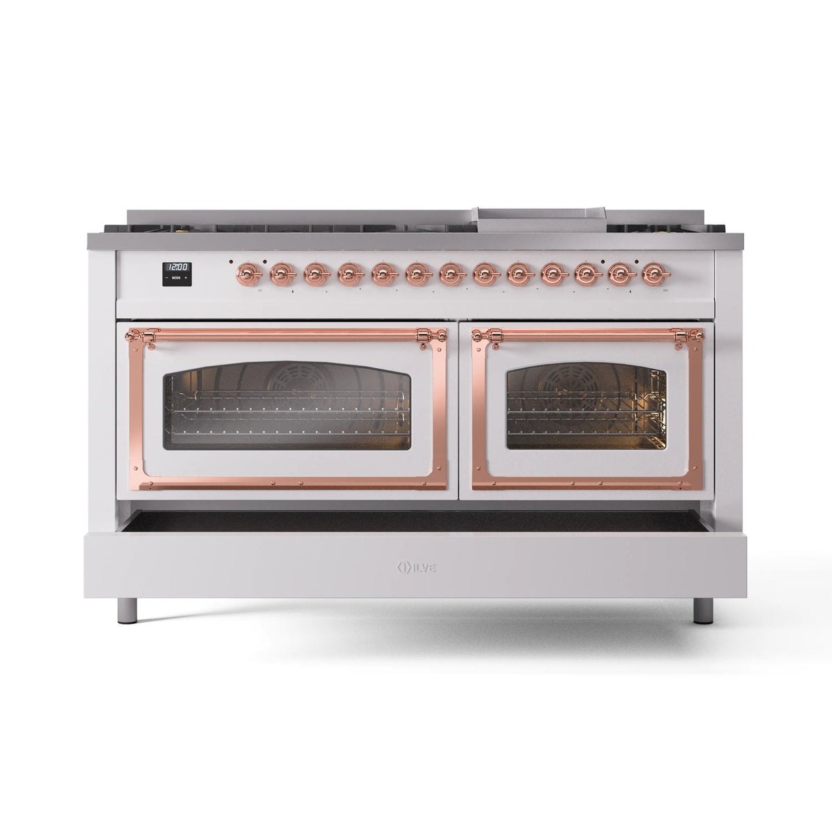 White dual-fuel range front view with both oven doors open and copper trim around windows.