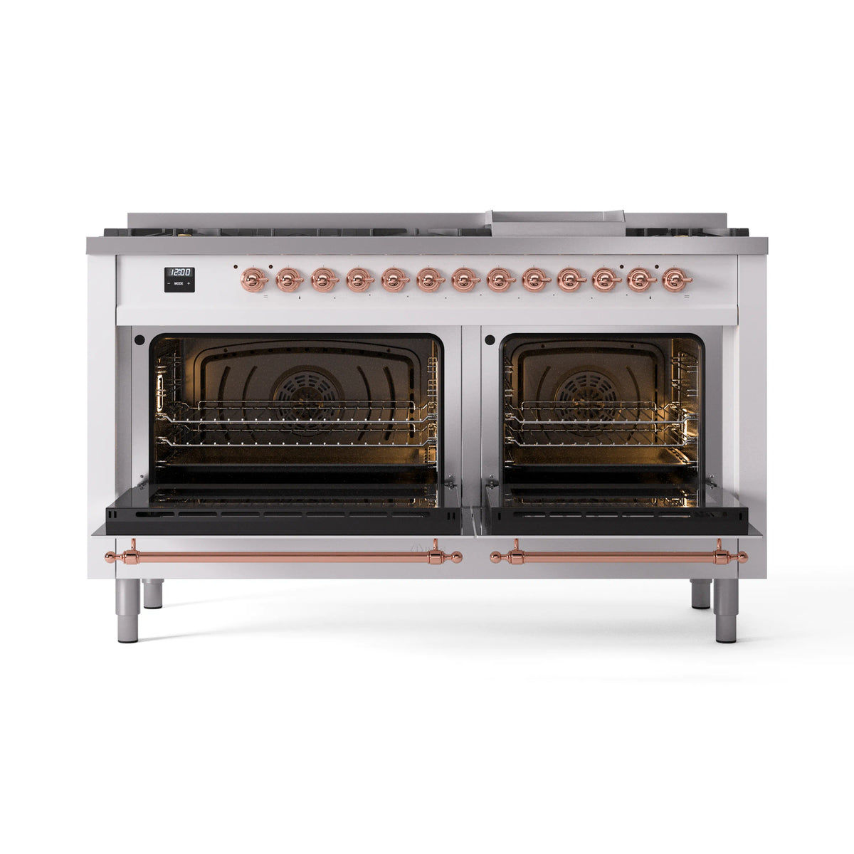 White dual fuel range with copper handles, open ovens, and black baking interior