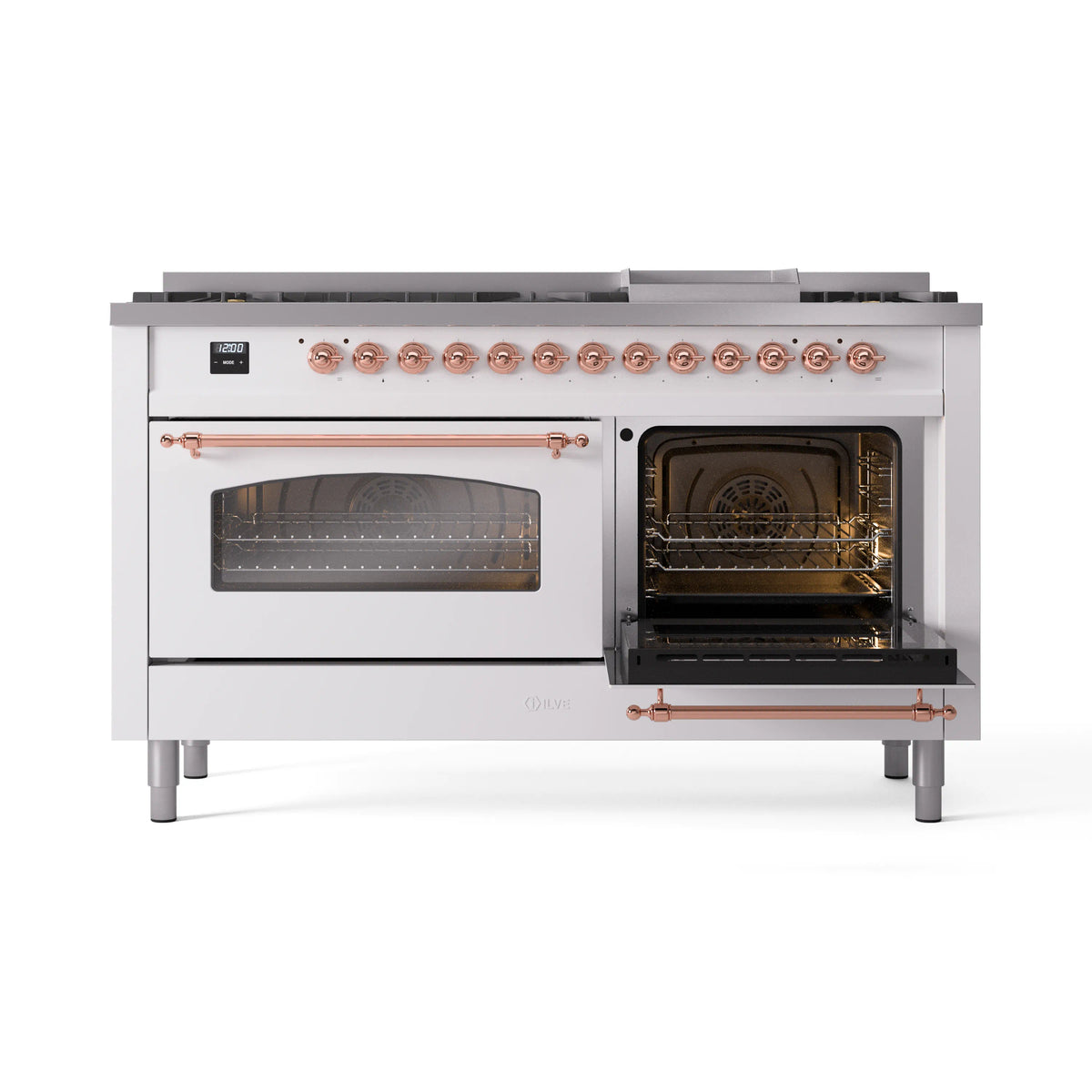 White dual fuel range with both ovens open, showing dark oven interiors and copper handles