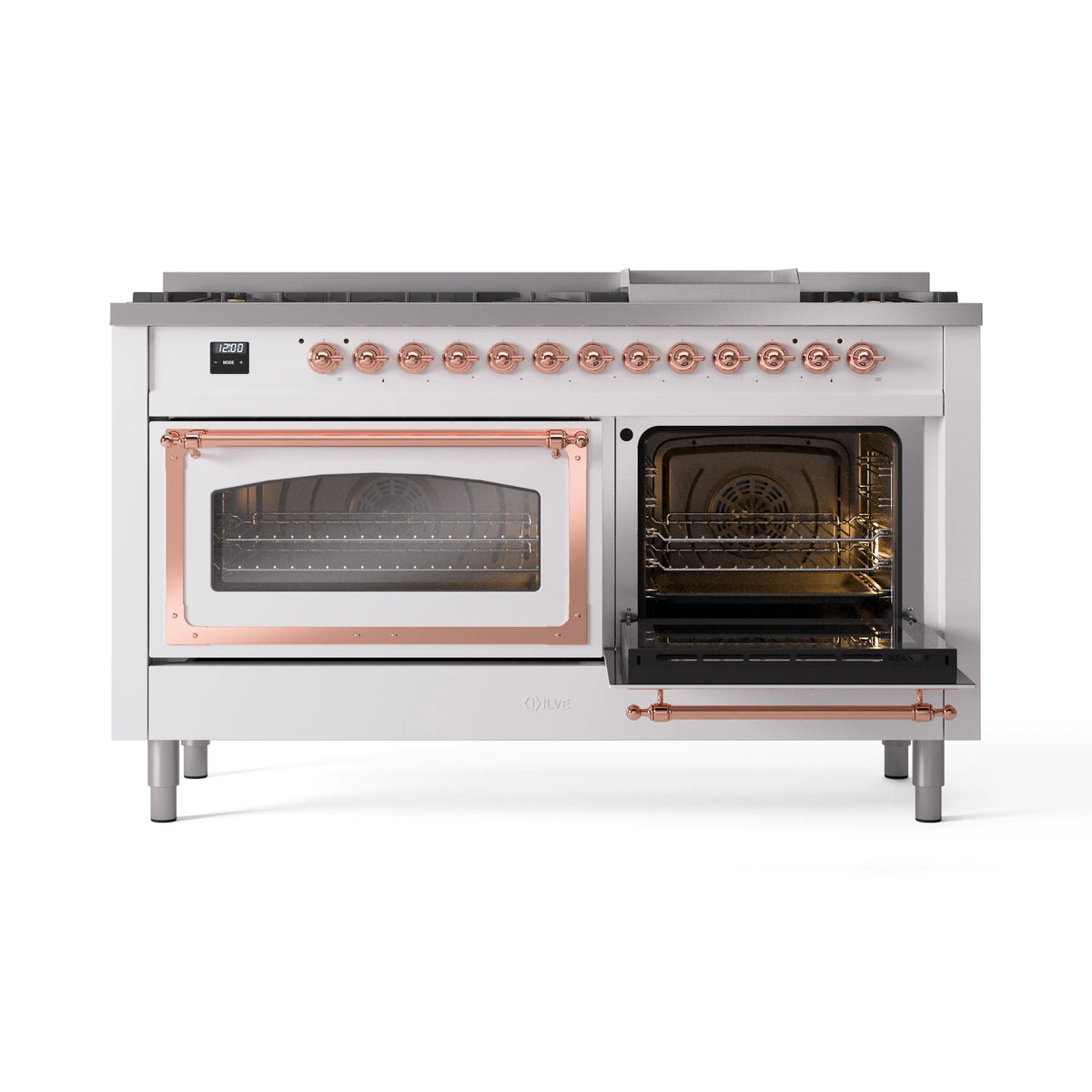 White dual fuel range with left oven open and copper-trimmed right oven door