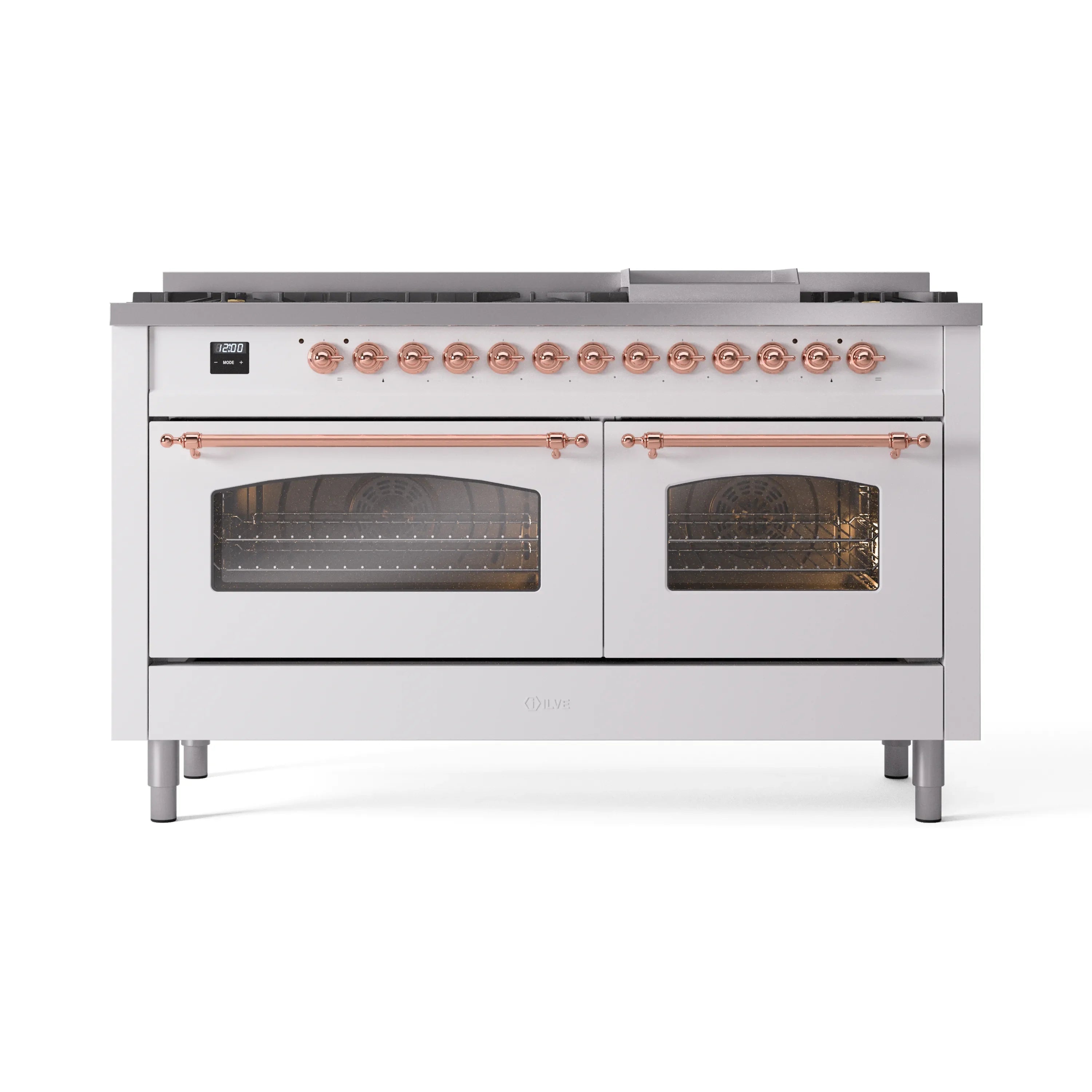 Front view of white dual fuel range with copper control knobs and dual oven windows