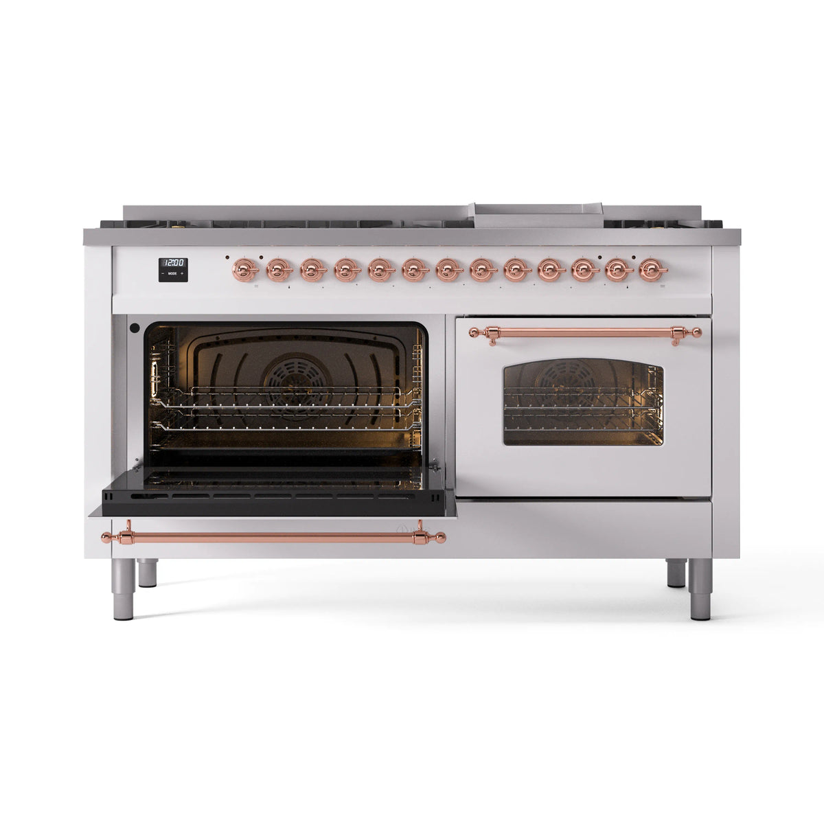 White dual fuel range with left oven open, copper-trimmed handle, and right glass door