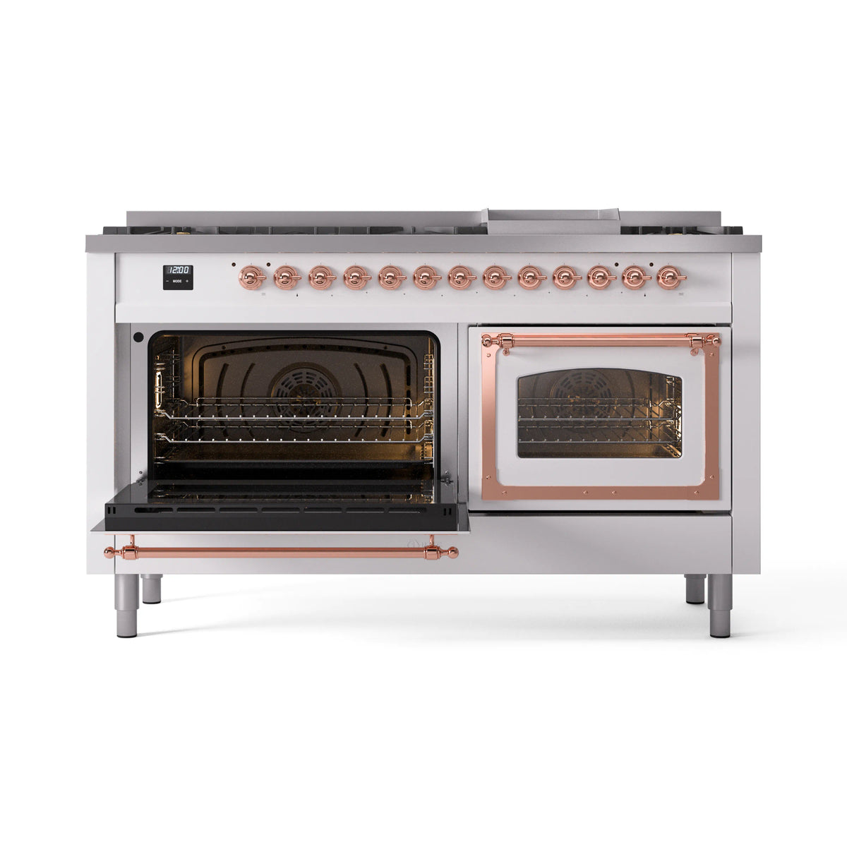 White dual fuel range with both oven doors open and copper-trimmed access rails