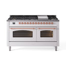 ILVE 60-Inch Nostalgie II Propane Gas Dual Fuel Range with 9 Burners, Griddle and Triple Glass Door Oven in White with Copper Trim (UP60FNMPWHPLP)