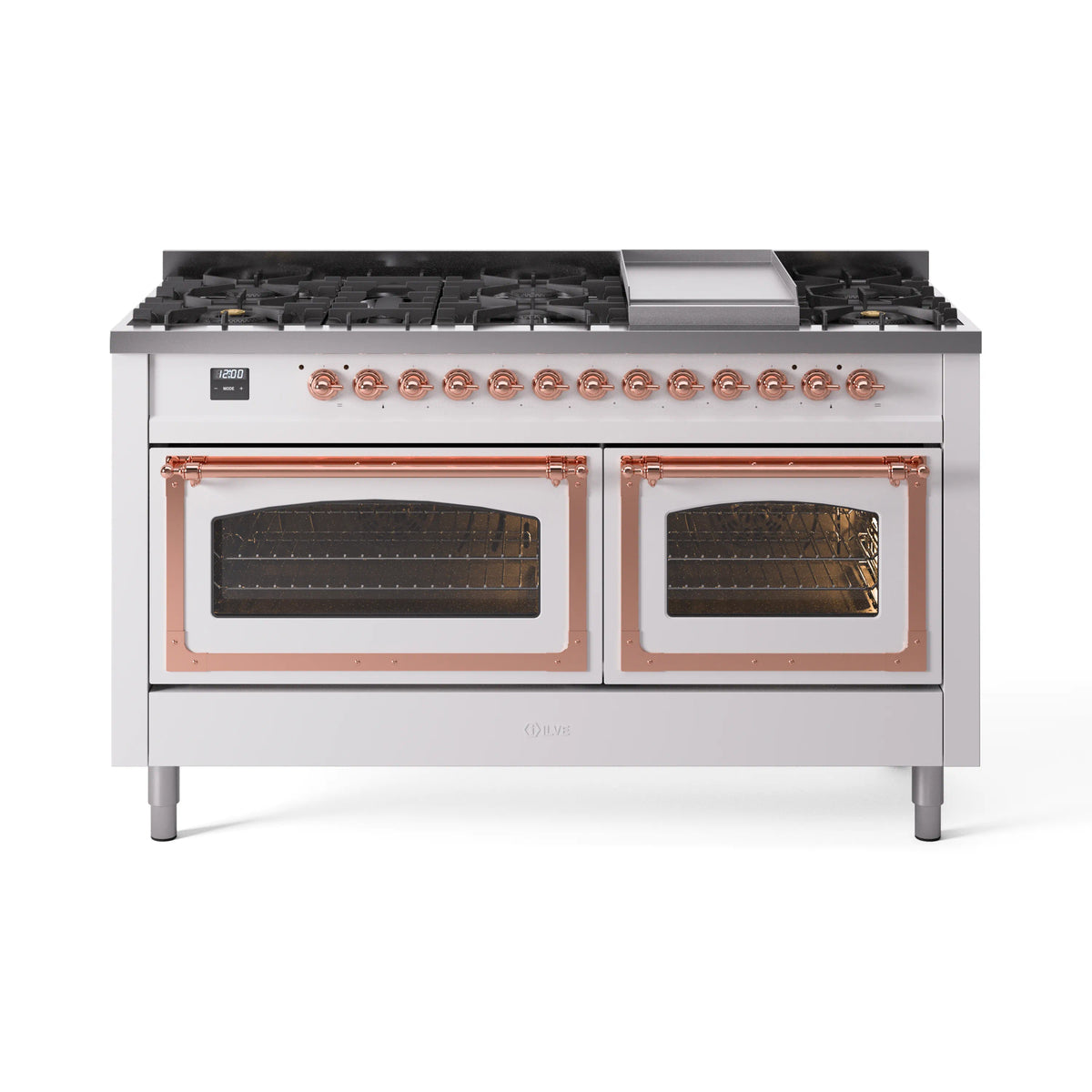 Front view of white dual-fuel range with copper-trim open ovens and six visible knobs.