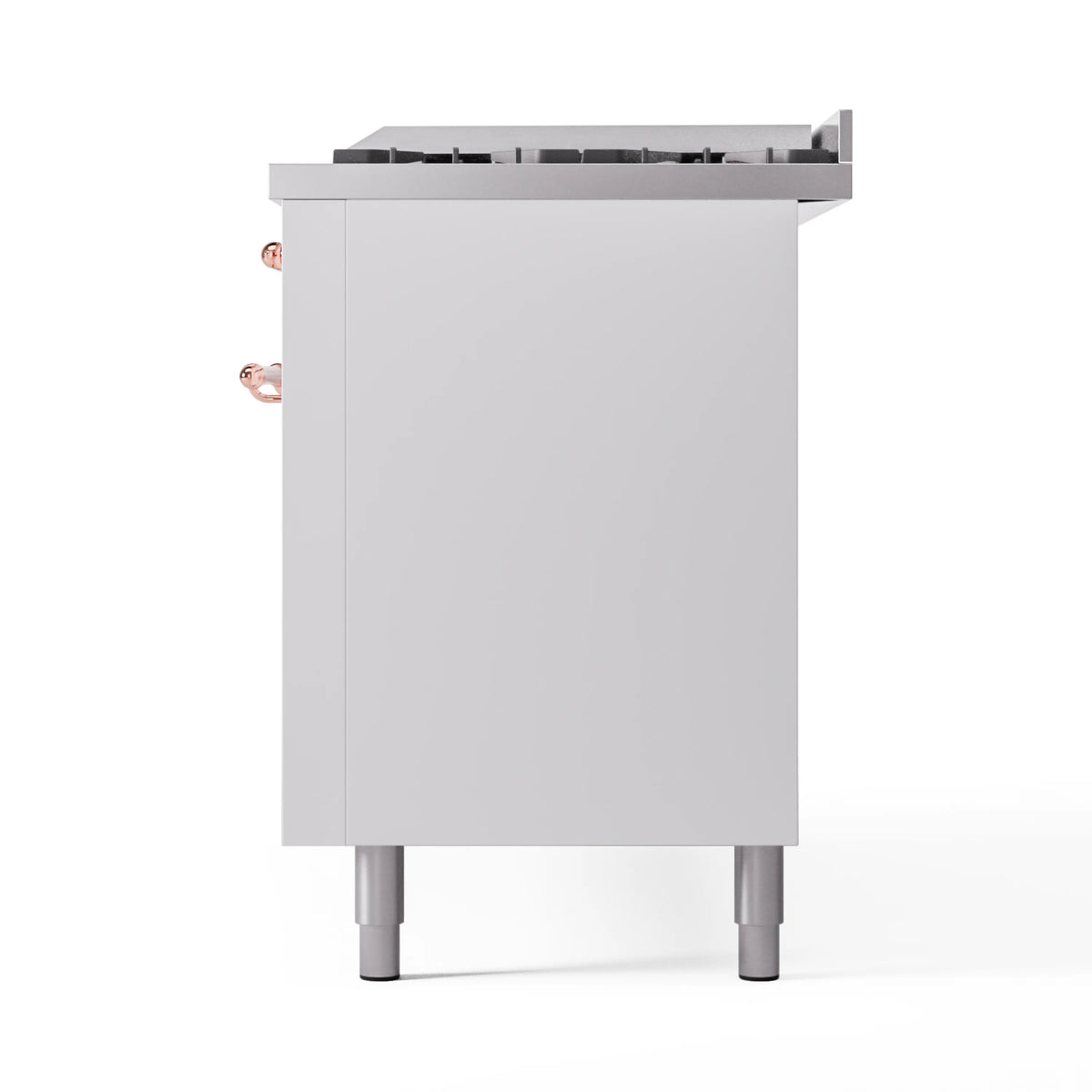 White range side panel with copper trim and burner control details, on metal legs