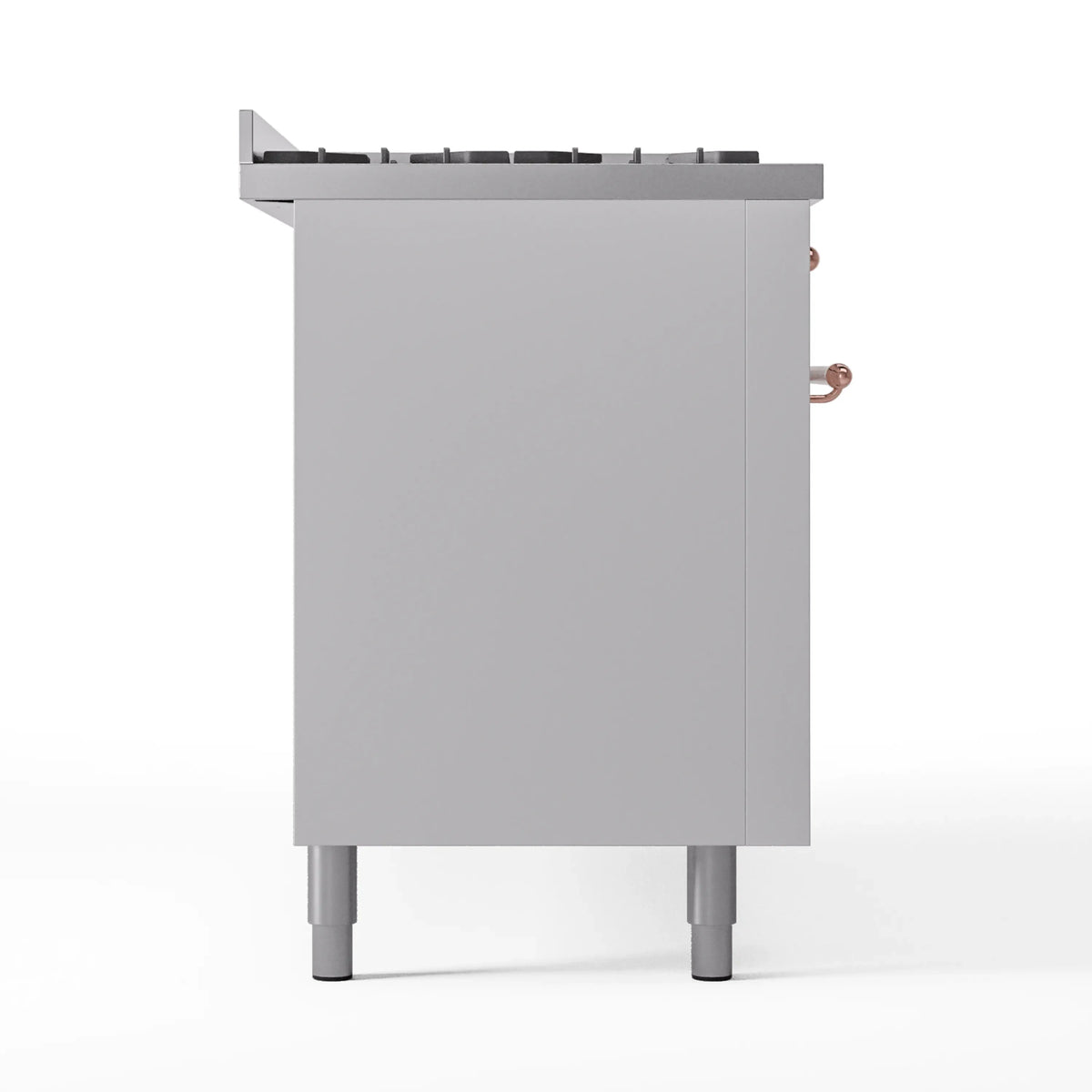 White range side panel with copper control knob and burner grates above