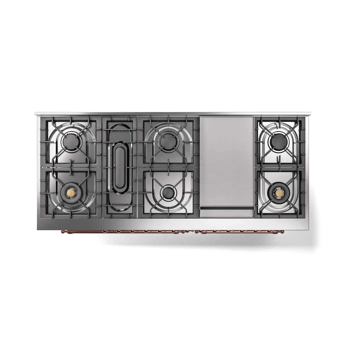 Top view of white dual fuel range cooktop with multiple burner grates and copper lines