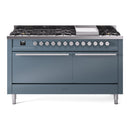 ILVE 60-inch Professional Plus II Natural Gas Dual Fuel Range with 9 Burners, Griddle, and Solid Door Oven in Blue Grey (UP60FQMPBG)
