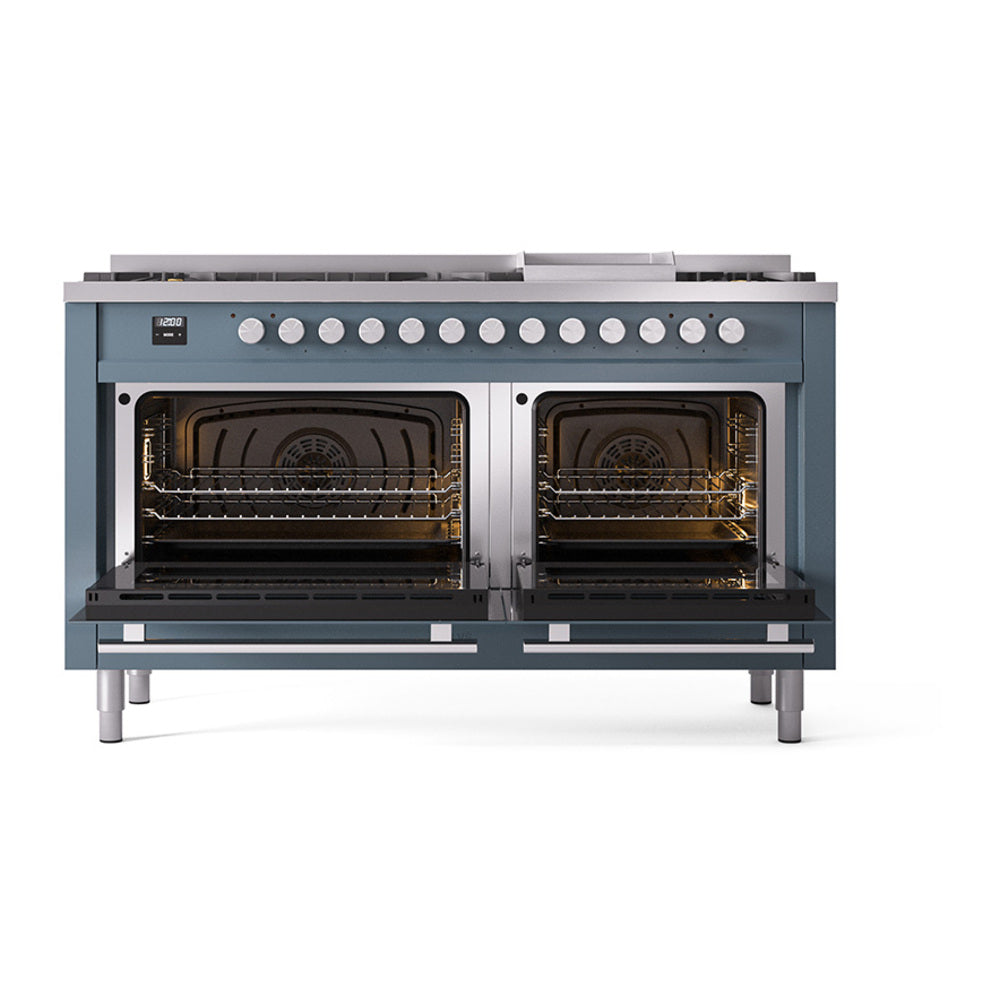 Blue grey range with two open oven doors and dual racks, burners and griddle visible.