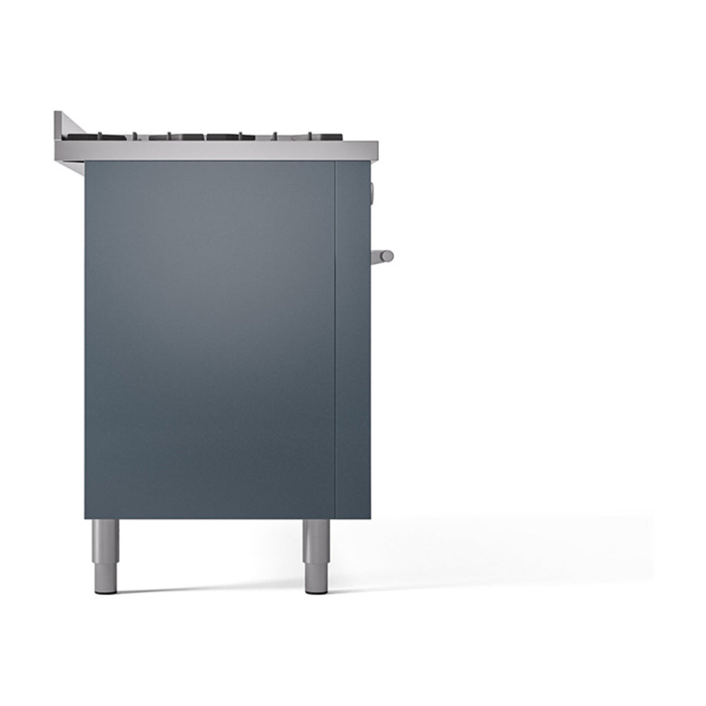 Blue grey oven door side panel with stainless top and vented handle.