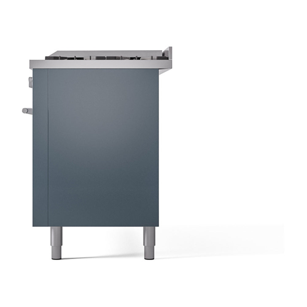 ILVE dual fuel range side panel in blue grey with control side hardware and leveling feet