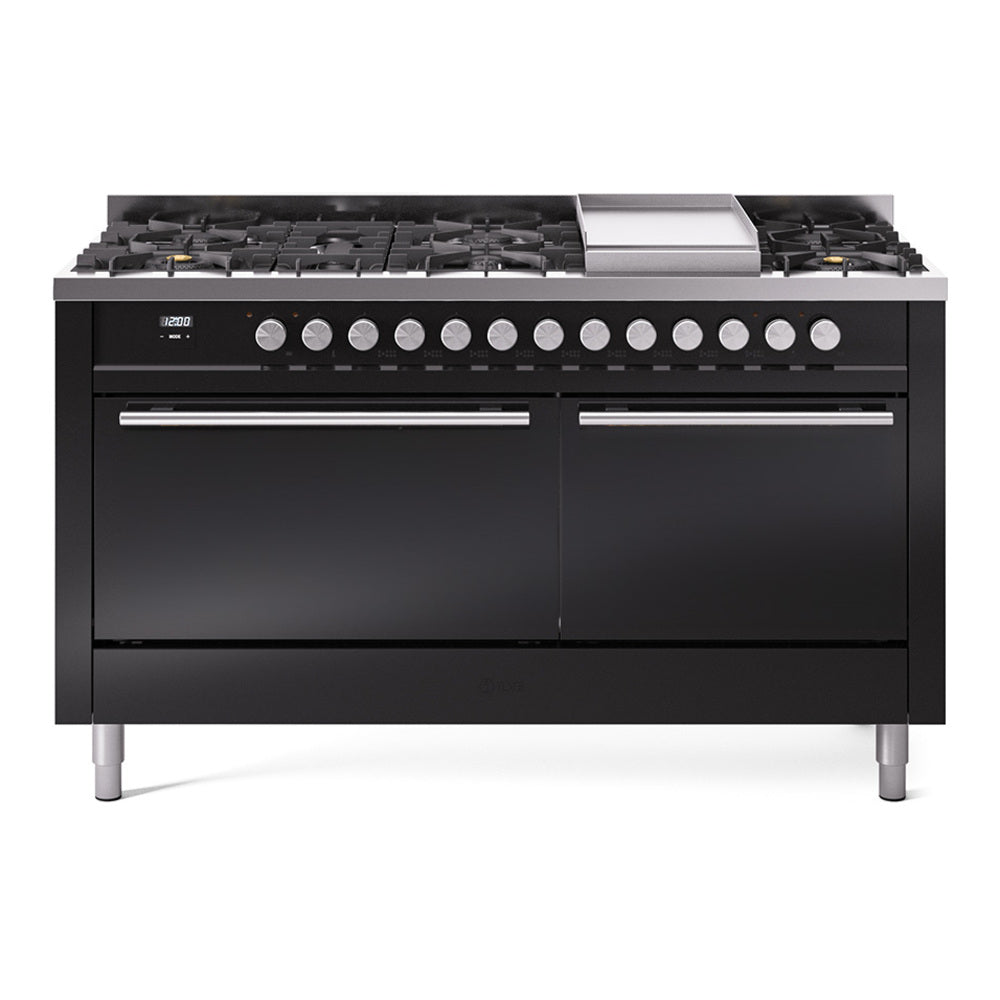 Glossy black dual-fuel range with 9 burners, griddle, and row of control knobs