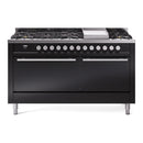 ILVE 60-inch Professional Plus II Natural Gas Dual Fuel Range with 9 Burners, Griddle, and Solid Door Oven in Glossy Black  (UP60FQMPBK)