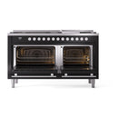 ILVE 60-inch Professional Plus II Natural Gas Dual Fuel Range with 9 Burners, Griddle, and Solid Door Oven in Glossy Black  (UP60FQMPBK)