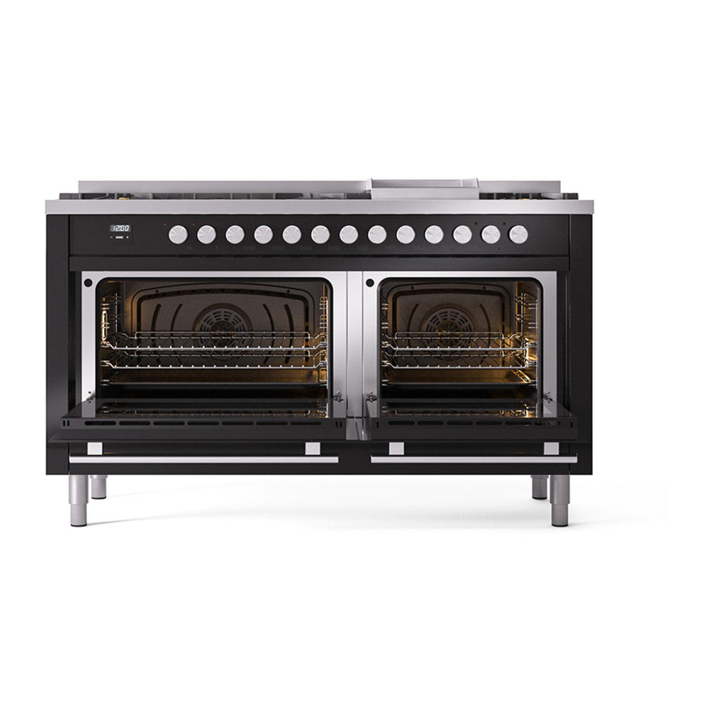 Glossy black dual-fuel range with both ovens open and heating elements visible