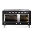 ILVE 60-inch Professional Plus II Propane Gas Dual Fuel Range with 9 Burners, Griddle, and Solid Door Oven in Glossy Black (UP60FQMPBKLP)