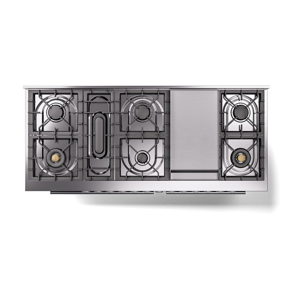 Top view of burner layout with grates and center griddle on glossy black range
