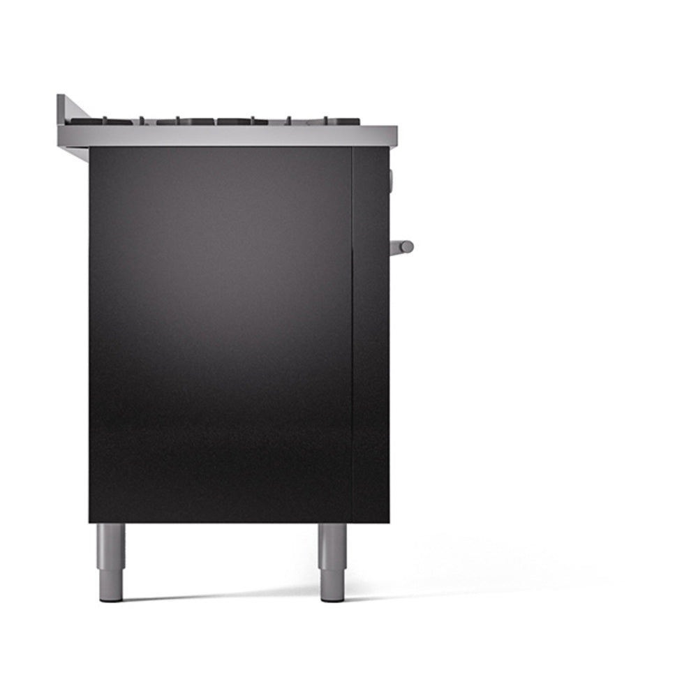 Glossy black range side view with vented back trim and stainless feet