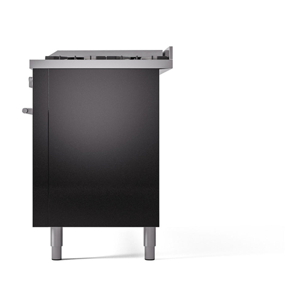 Glossy black range side panel with stainless legs and cooktop section