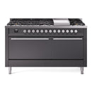 ILVE 60-inch Professional Plus II Natural Gas Dual Fuel Range with 9 Burners, Griddle, and Solid Door Oven in Matte Graphite (UP60FQMPMG)