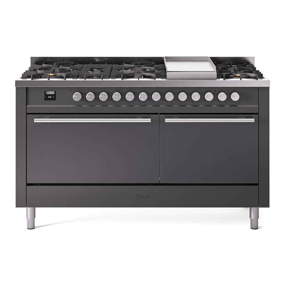 Matte graphite dual fuel range with front control knobs, burners, griddle, and two doors