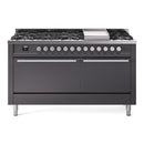ILVE 60-inch Professional Plus II Propane Gas Dual Fuel Range with 9 Burners, Griddle, and Solid Door Oven in Matte Graphite (UP60FQMPMGLP)
