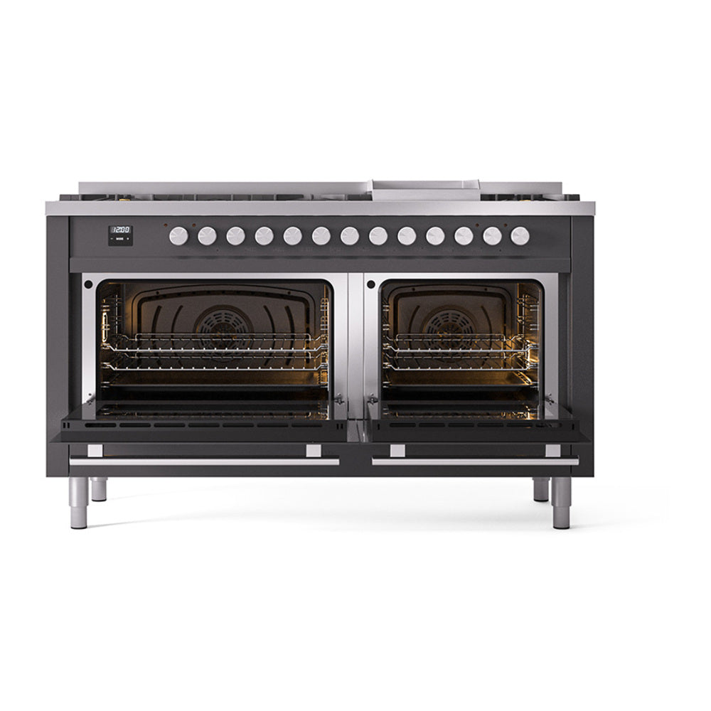 Matte graphite dual fuel range with two open oven doors showing oven interiors