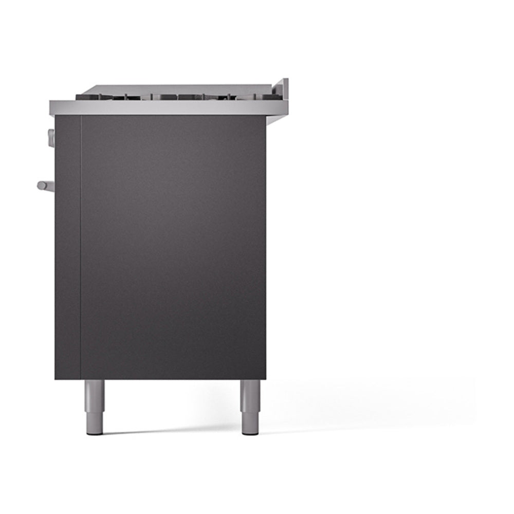 Matte graphite oven door side view with handle and four feet