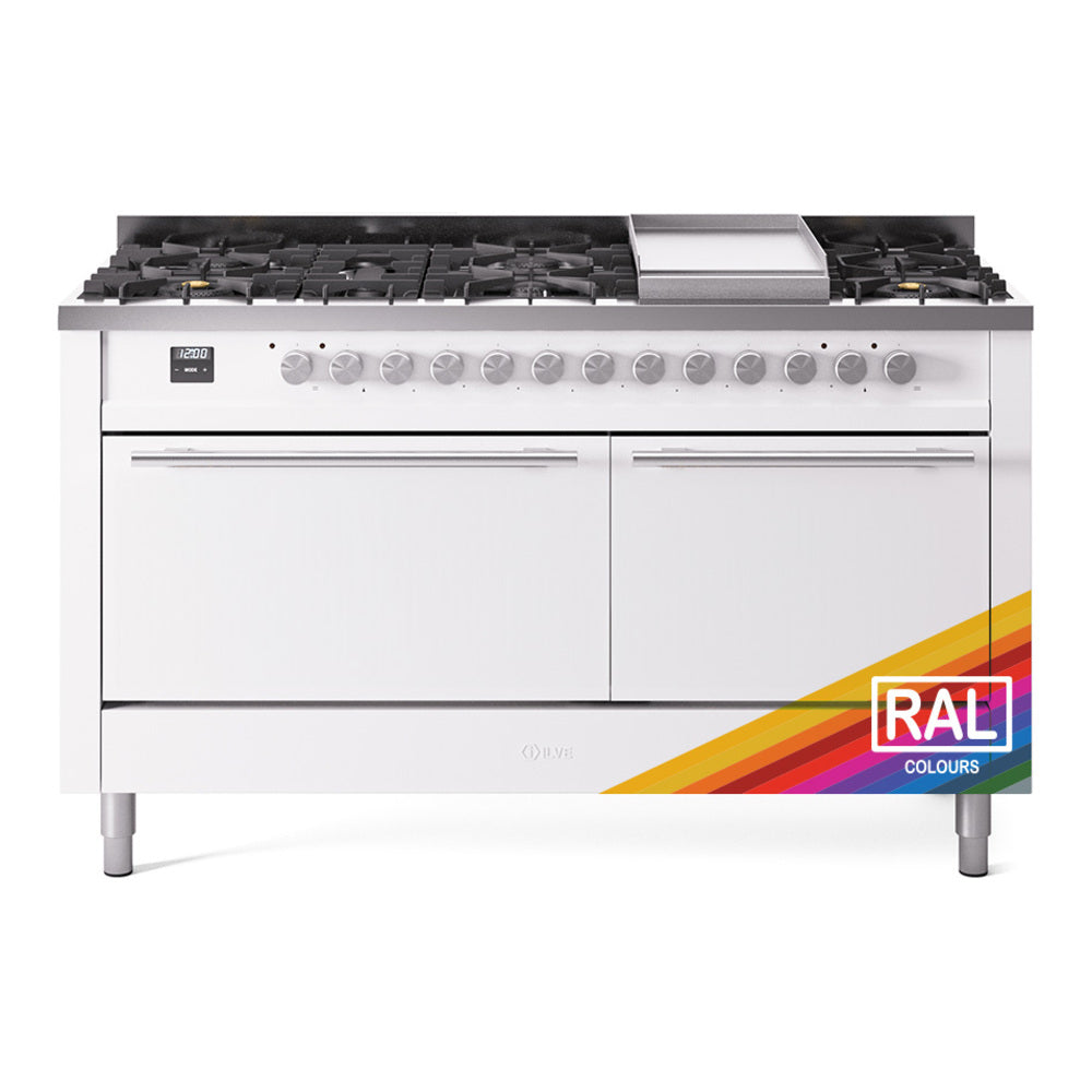 White dual-fuel gas range with black grates and built-in griddle, RAL color option