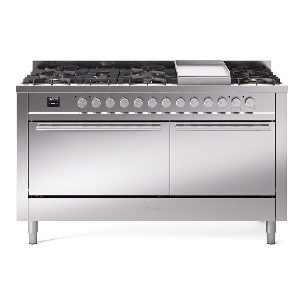 Stainless steel dual fuel range with griddle and nine gas burners, front view
